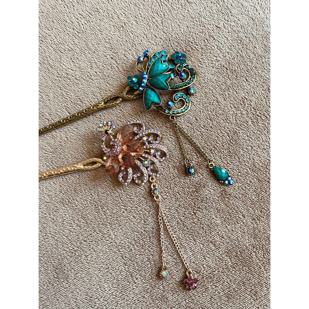 Decorative Hair Stick Pair Rhinestone Butterfly Floral Dangle Hair Pins Vintage